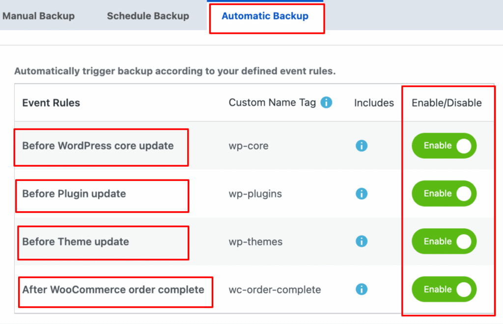 Enable Automatic Website Backups
