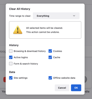 Clear Browser Cookies and Cache