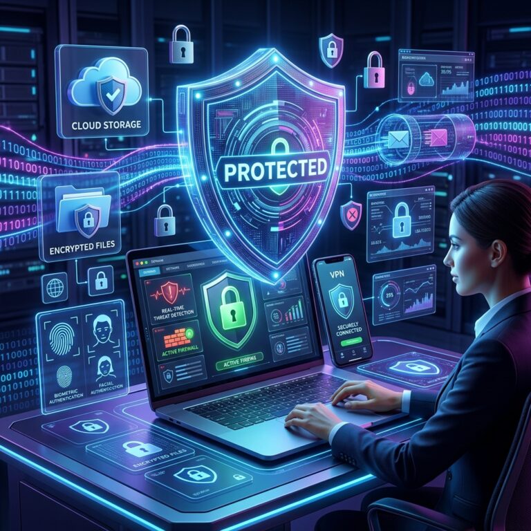 Create a modern cybersecurity-themed blog featured image illustrating online privacy protection in 2026. Show a glowing digital shield protecting personal data, a secure laptop, smartphone, cloud storage, encrypted files, biometric authentication, VPN connection, padlock icons, and floating cybersecurity symbols. Add futuristic blue and purple neon lighting with a dark technology background, digital network connections, binary code, and holographic interface elements. Include a confident person working securely on a computer while privacy icons surround the workspace. Display the bold headline "Protect Online Privacy in 2026" in clean, modern typography. The design should look premium, trustworthy, futuristic, and suitable for a technology blog. Ultra-detailed, realistic 3D digital illustration, cinematic lighting, 4K quality, 16:9 aspect ratio, no logos, no watermarks, no copyrighted brand names.