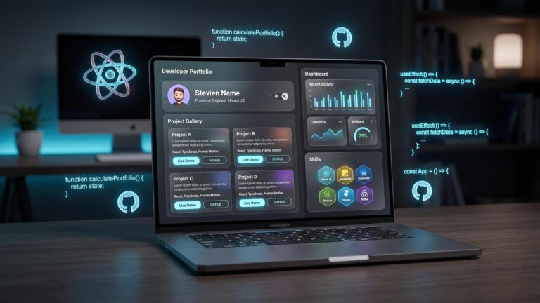 Create a modern, high-end featured image for a blog post titled "Arigo 1.0: Professional React JS Portfolio". Display a sleek laptop showing a premium React JS portfolio website with dark and light UI elements, animated dashboard cards, project showcase, developer profile, skills section, and responsive layouts. Add floating React logo, JavaScript code snippets, GitHub icons, and glowing blue neon effects. Use a clean blue, white, and dark gray color palette with futuristic lighting, glassmorphism, soft gradients, and minimal design. Make it look like a premium web developer portfolio template. Ultra-realistic 3D illustration, cinematic lighting, professional composition, 16:9 aspect ratio, 4K quality, no watermark, no text.